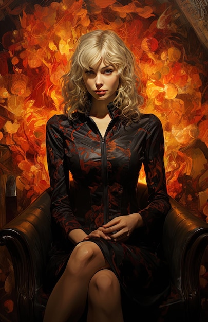 Photo a woman with blonde hair sits on a chair in front of a fire