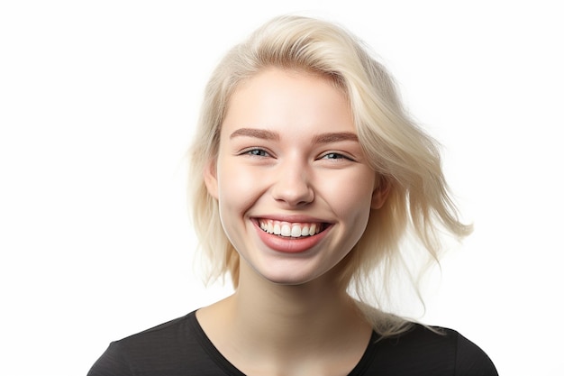 A woman with blonde hair smiles and smiles.