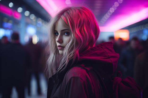 a woman with blonde hair standing in an airport