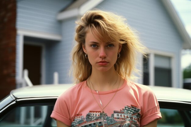 Photo a woman with blonde hair standing in front of a car