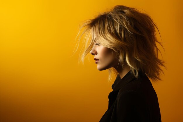 A woman with blonde hair standing in front of a yellow background