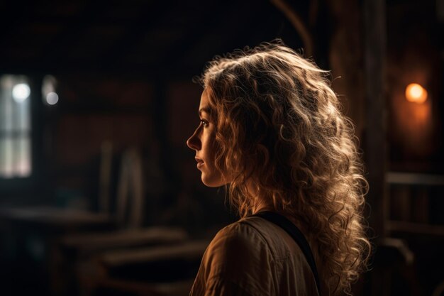 A woman with blonde hair stands in a dark room, looking at the light from a window.