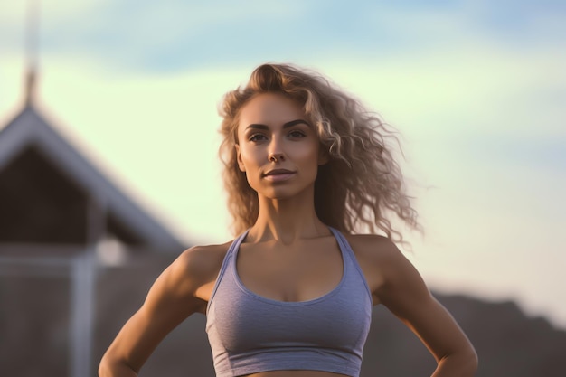 A woman with blonde hair stands in front of a blue sky.