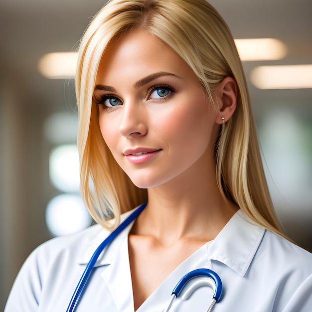 A woman with blonde hair and a stethoscope around her neck