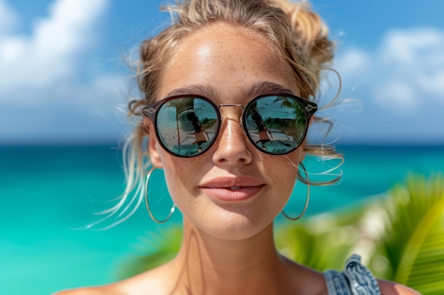 Foto una donna con i capelli biondi e gli occhiali da sole sta sorridendo alla telecamera in piedi sulla spiaggia con le palme