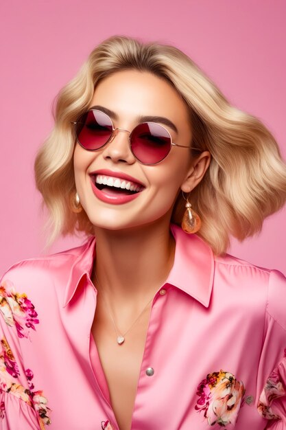 Foto donna con i capelli biondi e gli occhiali da sole che sorride alla telecamera ai generativa