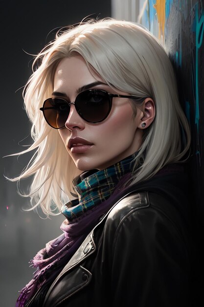 A woman with blonde hair and sunglasses stands against a wall.