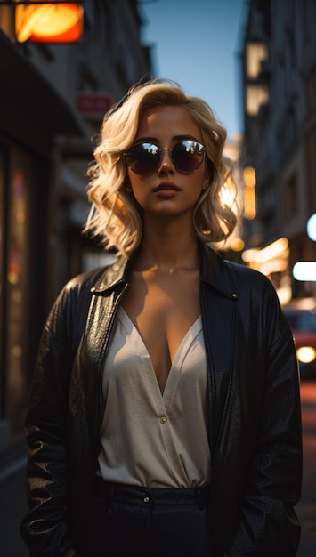 A woman with blonde hair and sunglasses stands in a dark street