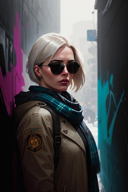 A woman with blonde hair and sunglasses stands in a doorway with graffiti on the wall