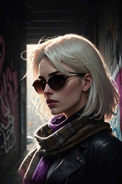 A woman with blonde hair and sunglasses stands in front of graffiti on a wall