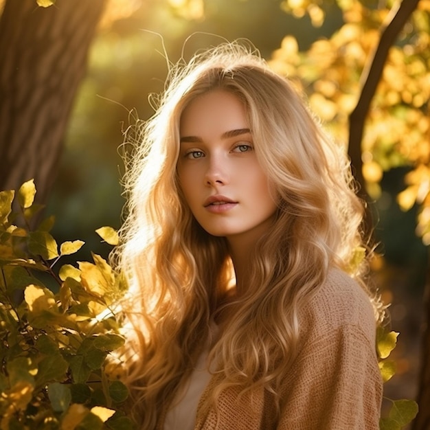 a woman with blonde hair and a sweater stands in a forest with autumn leaves.