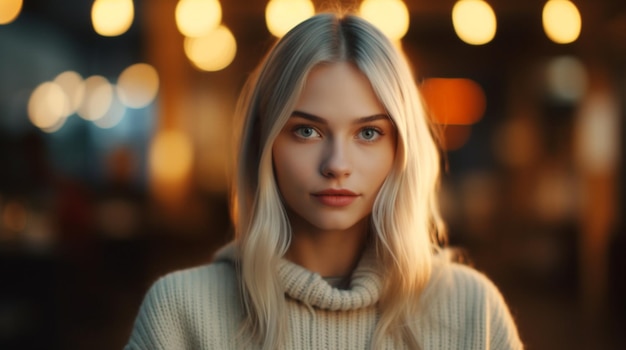 A woman with blonde hair and a sweater