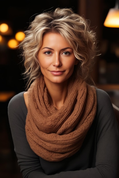 Woman with blonde hair wearing scarf and black shirt