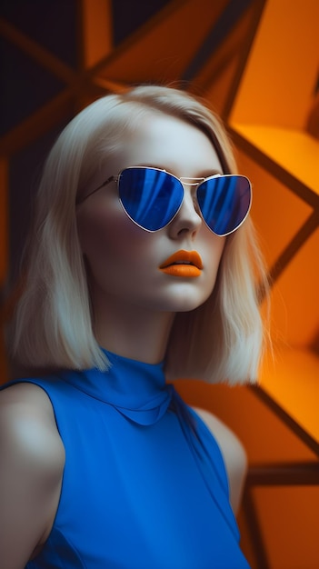 A woman with blonde hair wearing sunglasses stands in front of a orange and yellow wall.