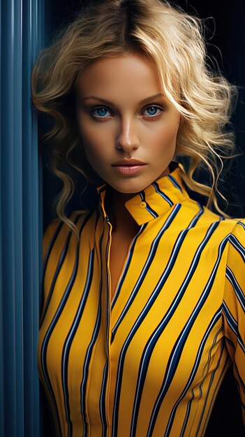 a woman with blonde hair wearing a yellow striped shirt