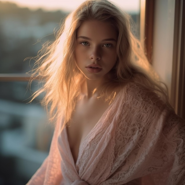 A woman with blonde hair and a white dress is looking out a window