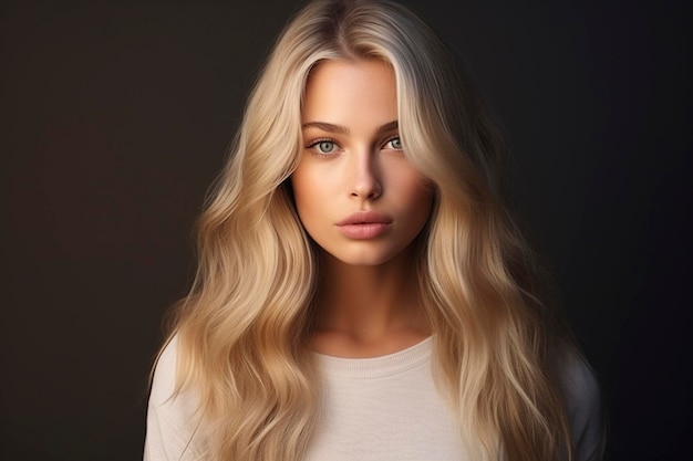 Photo a woman with blonde hair and a white shirt is standing against a gray wall.