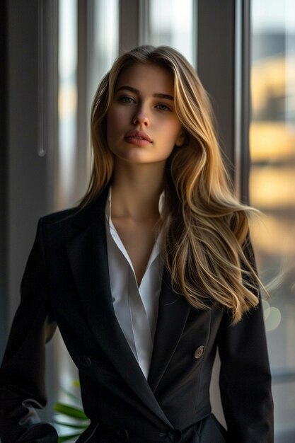 a woman with blonde hair and a white shirt is standing in front of a window