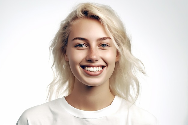 A woman with blonde hair and a white shirt