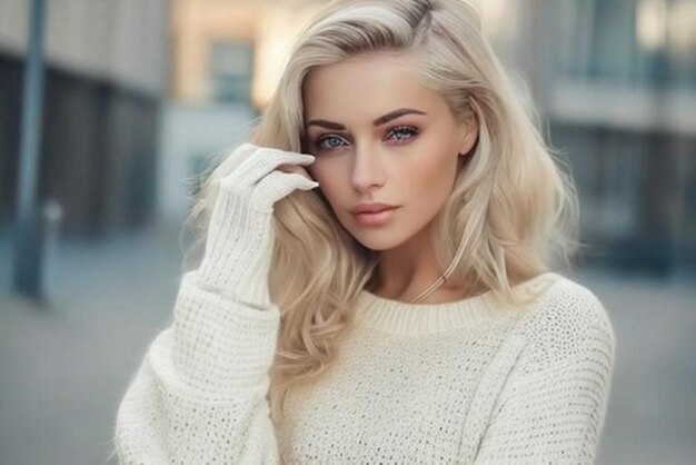 Premium AI Image | A woman with blonde hair and a white sweater