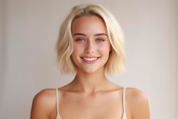 A woman with blonde hair and a white tank top smiles at the camera.