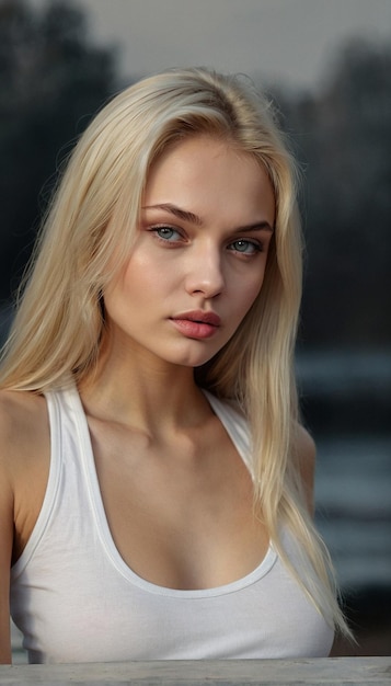 Photo a woman with blonde hair and a white tank top