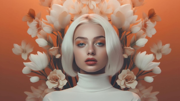 금발 머리에 흰색 터틀넥을 하고 뒤에 꽃이 있는 여성.