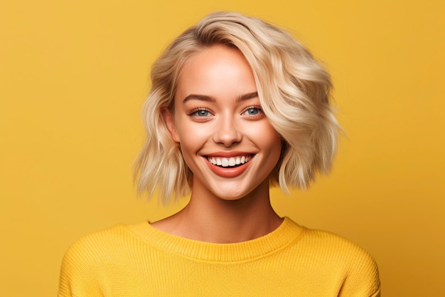 A woman with blonde hair and a yellow sweater smiles.