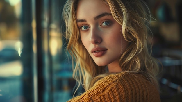 a woman with blonde hair and a yellow sweater