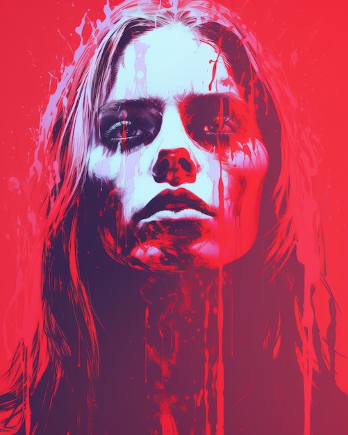 A woman with blood dripping down her face on a red background