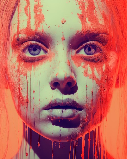 a woman with blood dripping down her face