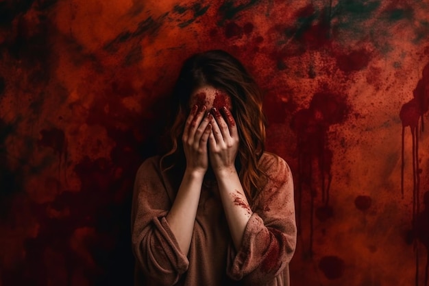 A woman with blood on her face is covering her face with her hands.