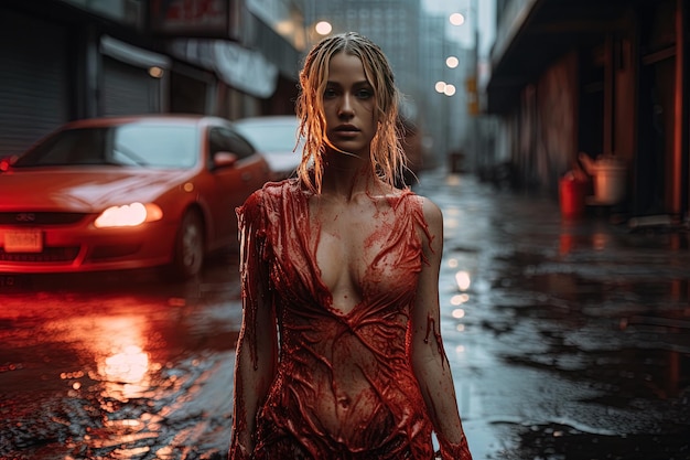 A woman with a bloody body is standing in front of a sign that says