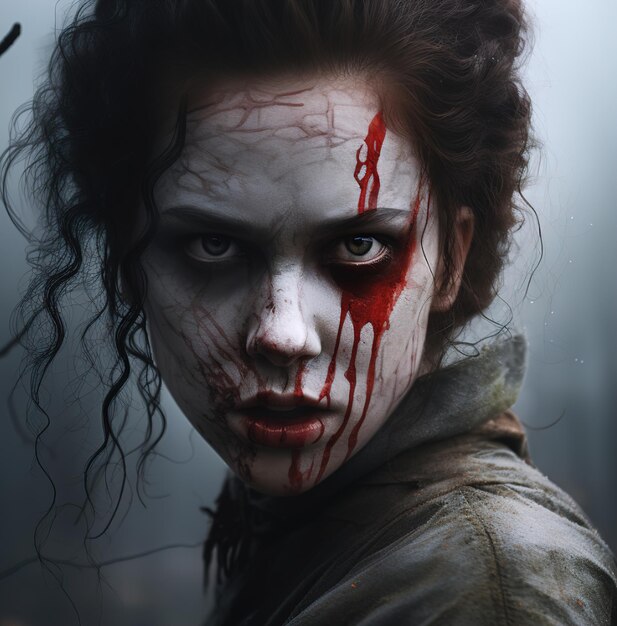 A woman with a bloody face and a bloody face