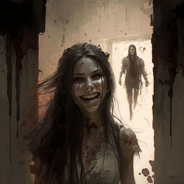 A woman with a bloody face is smiling in a doorway.