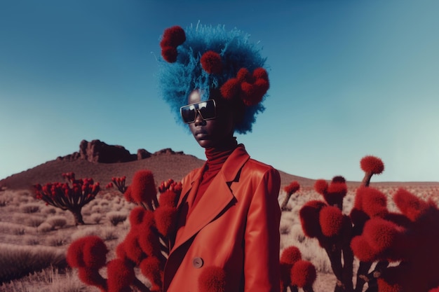 Woman with blue afro hair decorated with flowers wearing red fashion coat standing in the beatiful