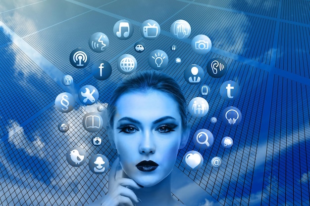 a woman with a blue background of social medias