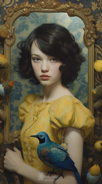 A woman with a blue bird on her shoulder