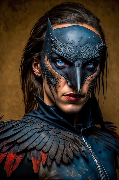 A woman with a blue bird mask