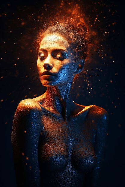 a woman with a blue body and a blue background of glitter.