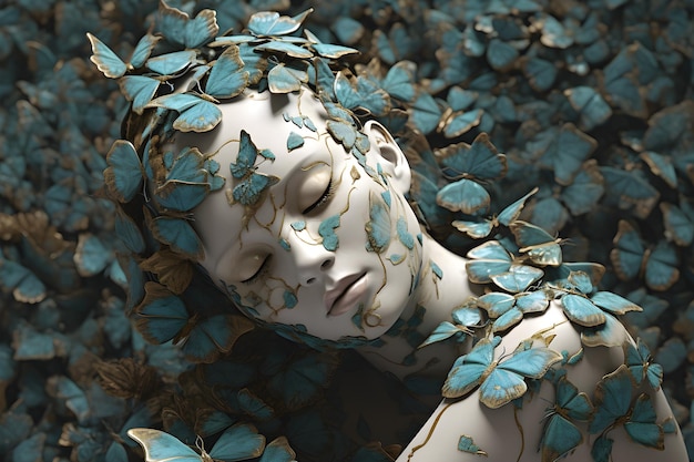 A woman with blue butterflies on her face is sleeping in a bed of leaves.