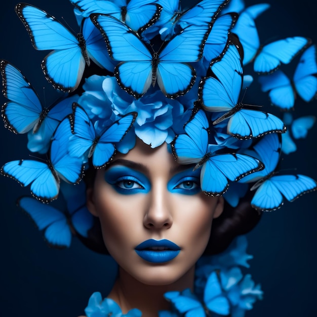 Foto una donna con delle farfalle blu sulla testa