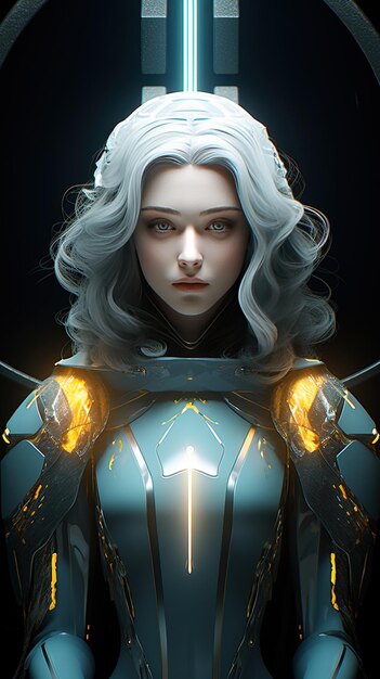 a woman with a blue cape and a white light on her face