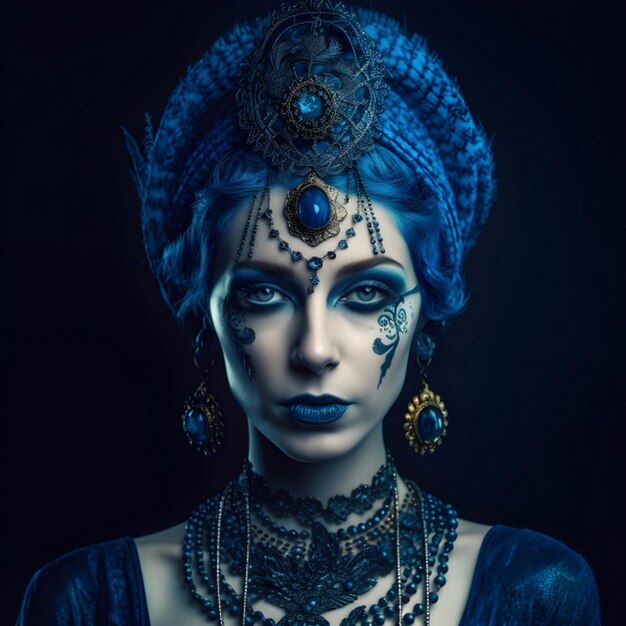 Photo a woman with a blue dress and a blue headdress with the word  cos  on it