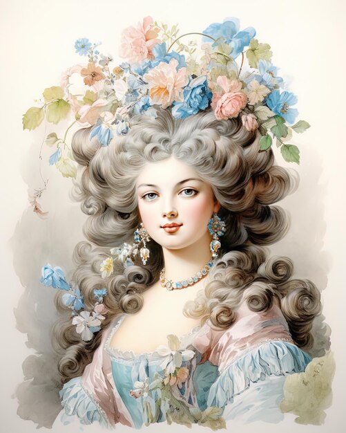 a woman with a blue dress and a flower in her hair