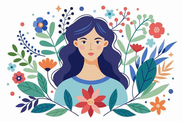 a woman with a blue dress and a flower in the middle of the picture