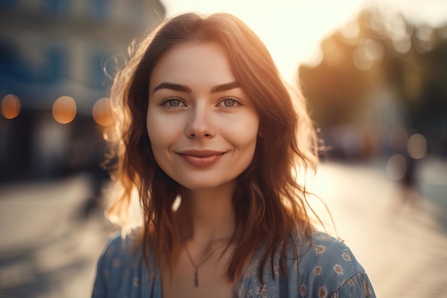 A woman with a blue dress smiles at the camera.