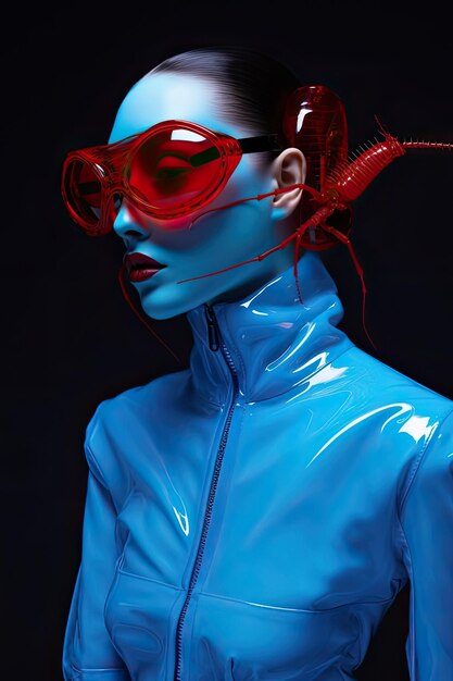 Photo a woman with blue dress with red sunglasses and mask