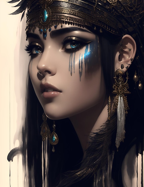 A woman with a blue eye and a feather on her face