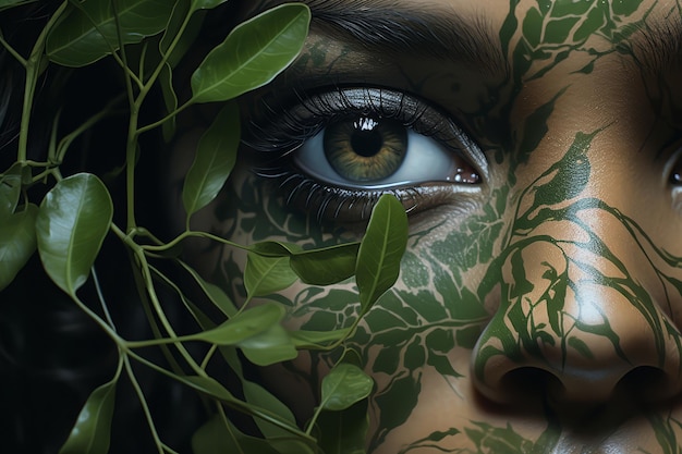 a woman with a blue eye and green eyes and a green plant